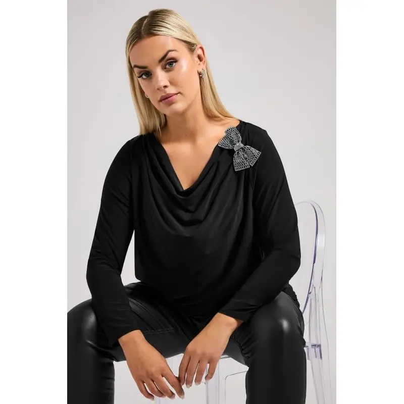 YOURS LONDON Curve Black Diamante Bow Detail Cowl Neck Top