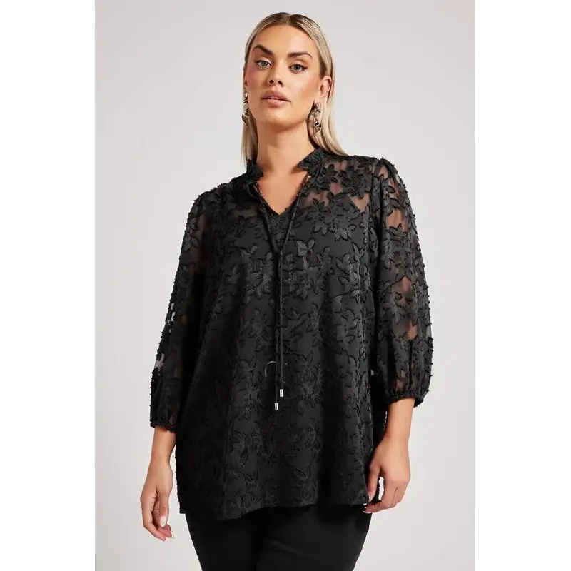 YOURS LONDON Curve Black Floral Burnout Tie Neck Blouse