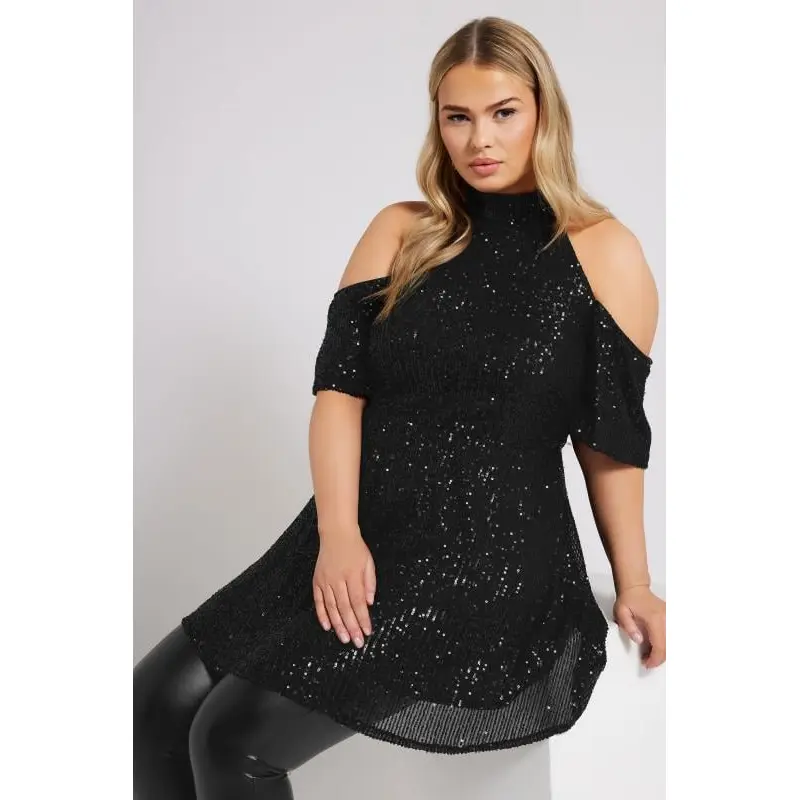 YOURS LONDON Curve Black Sequin Cold Shoulder Peplum Top
