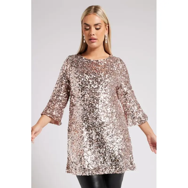 YOURS LONDON Curve Champagne Gold Sequin Flute Sleeve Top