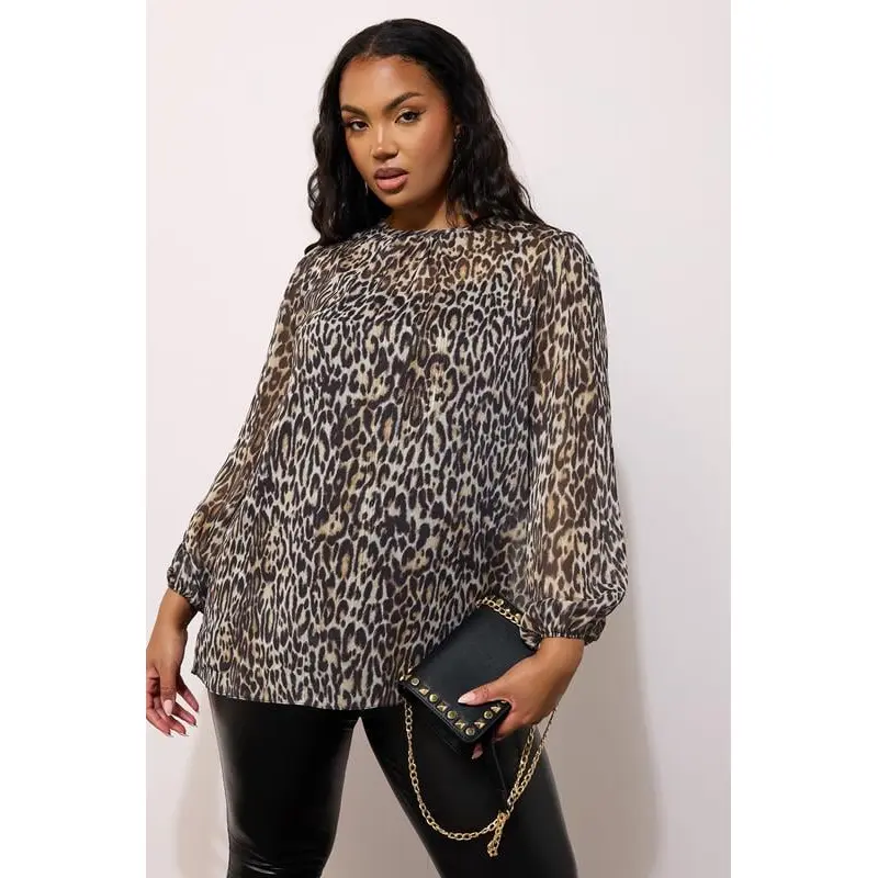 YOURS LONDON Curve Natural Brown Leopard Print Metallic Chiffon Blouse
