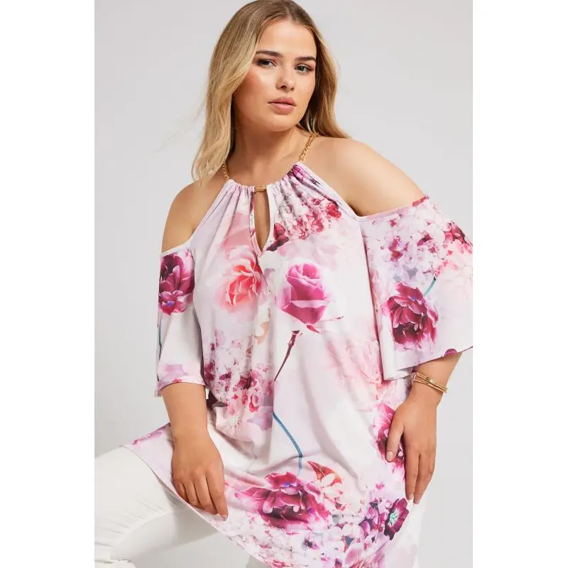 YOURS LONDON Curve Pink Floral Print Cold Shoulder Top