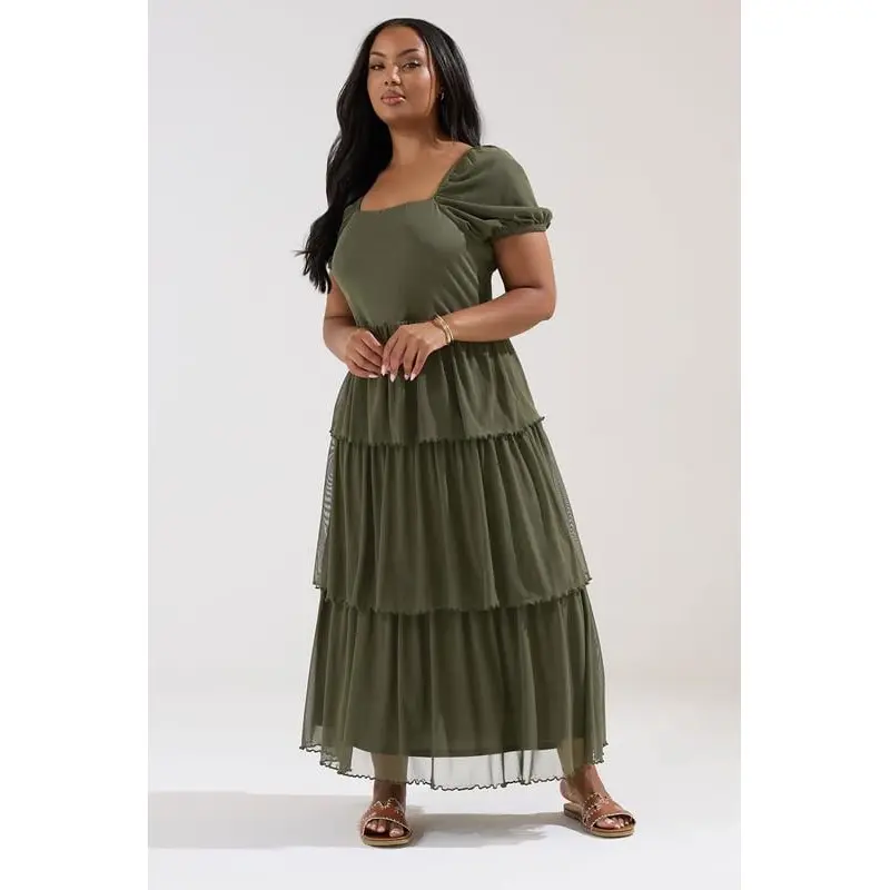 YOURS Curve Khaki Green Tiered Maxi Dress