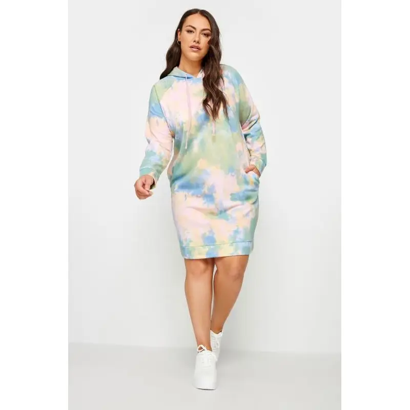 YOURS Curve Pink & Green Tie Dye Hoodie Dress