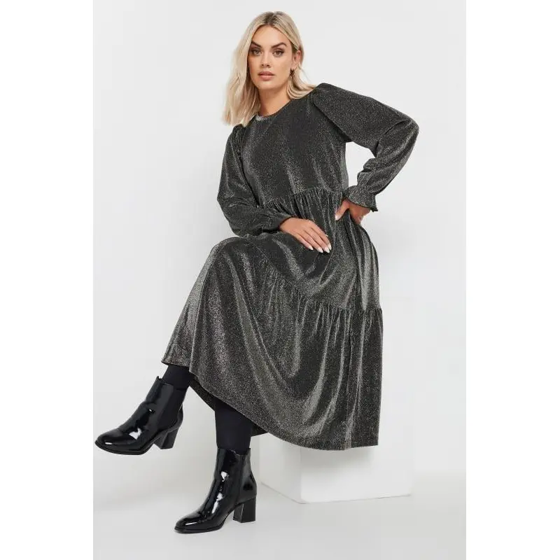 YOURS Curve Silver Metallic Tiered Midi Dress