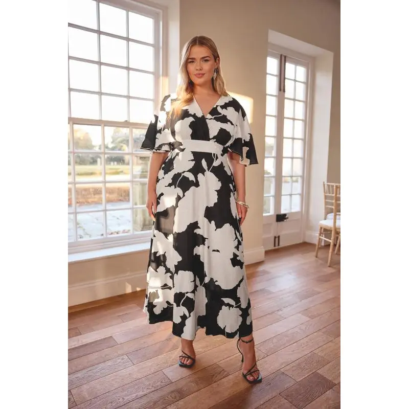 YOURS LONDON Curve Black Floral Print Linen Look Wrap Midaxi Dress