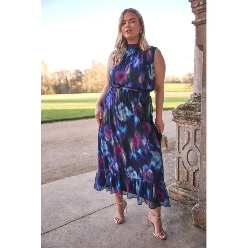 YOURS LONDON Curve Navy Blue Blurred Floral Print Maxi Dress