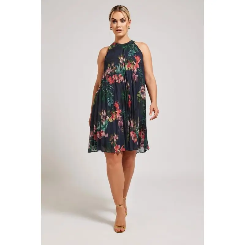 YOURS LONDON Curve Navy Blue Tropical Print Halter Neck Dress