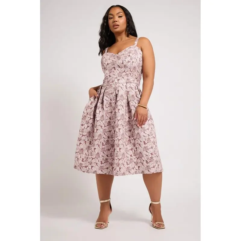 YOURS LONDON Curve Pink Floral Jacquard Sweetheart Prom Dress