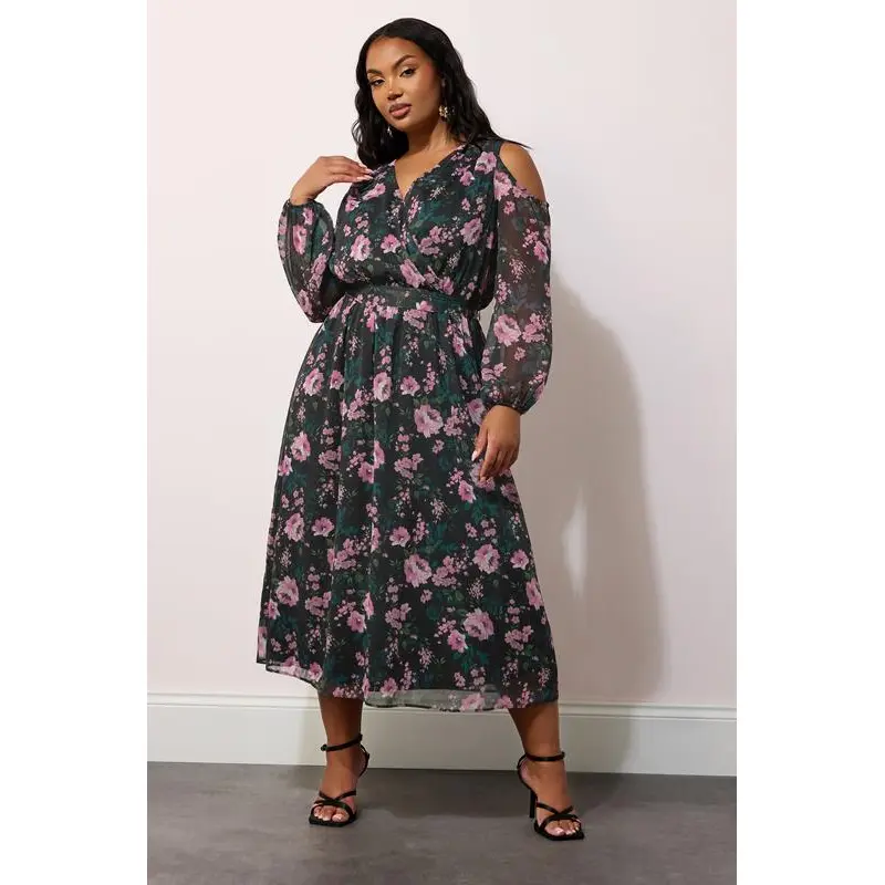 YOURS LONDON Curve Black Floral Print Cold Shoulder Dress