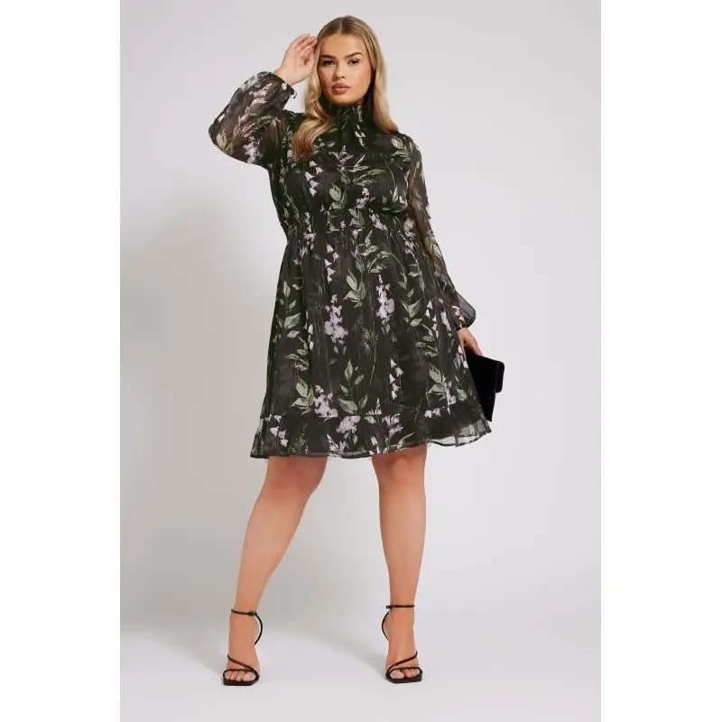 YOURS LONDON Curve Black Floral Print Metallic Collared Dress