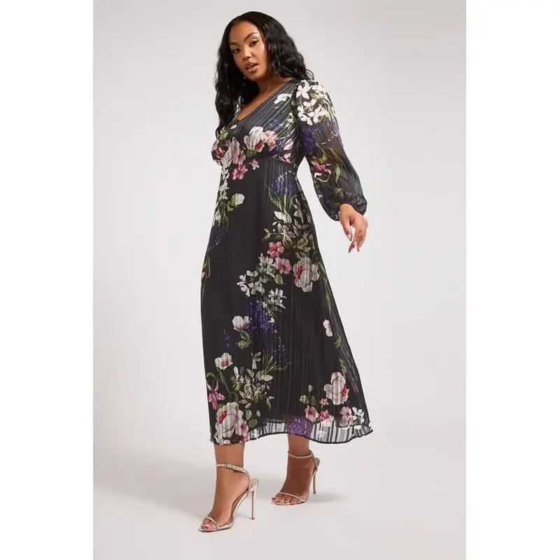 YOURS LONDON Curve Black Metallic Floral Midaxi Dress