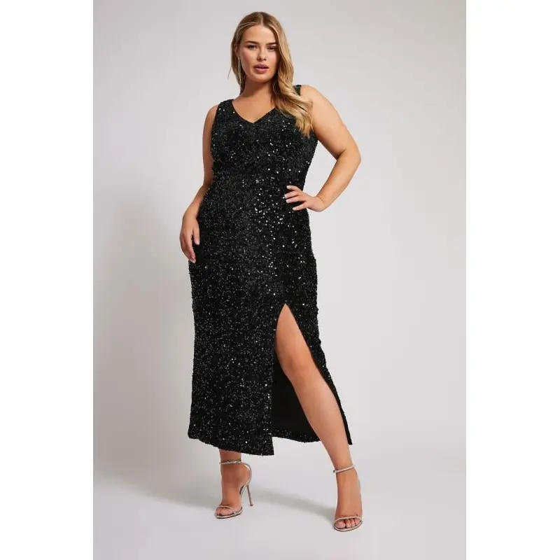 YOURS LONDON Curve Black Sequin Velvet Maxi Slip Dress