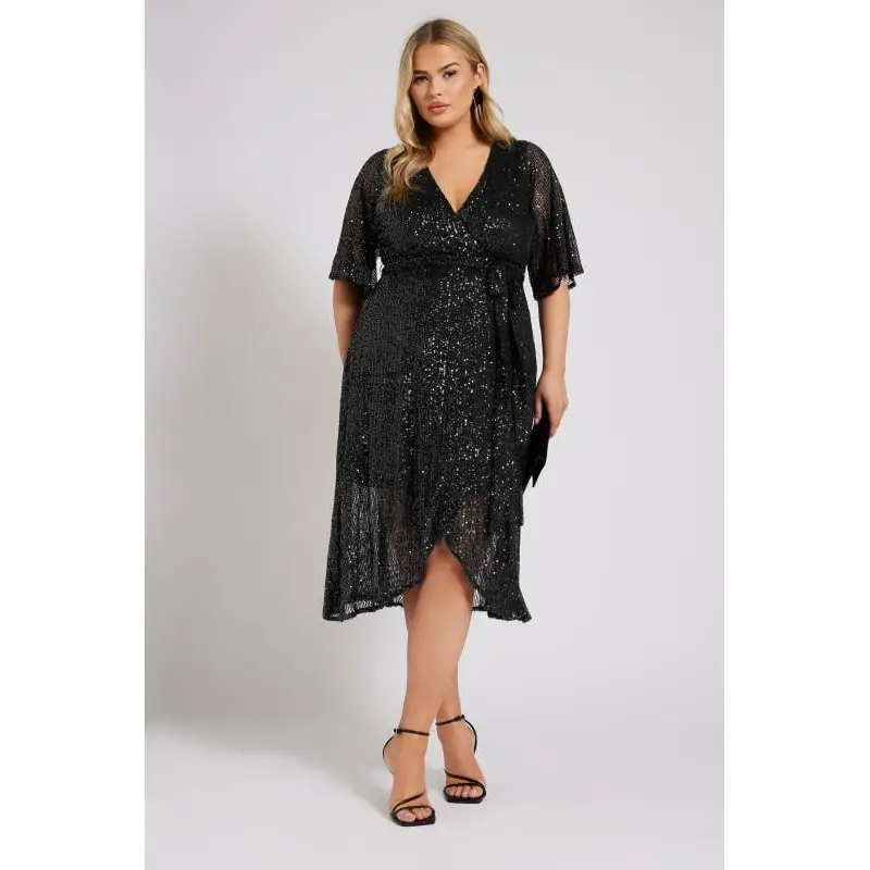 YOURS LONDON Curve Black Sequin Wrap Dress