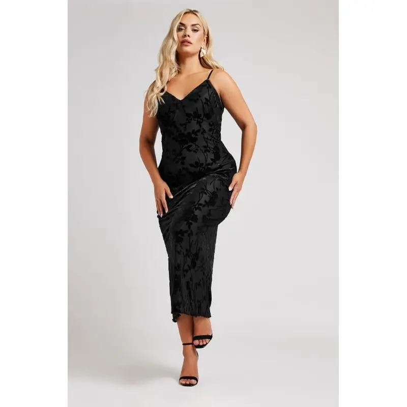 YOURS LONDON Curve Black Velour Floral Midaxi Slip Dress
