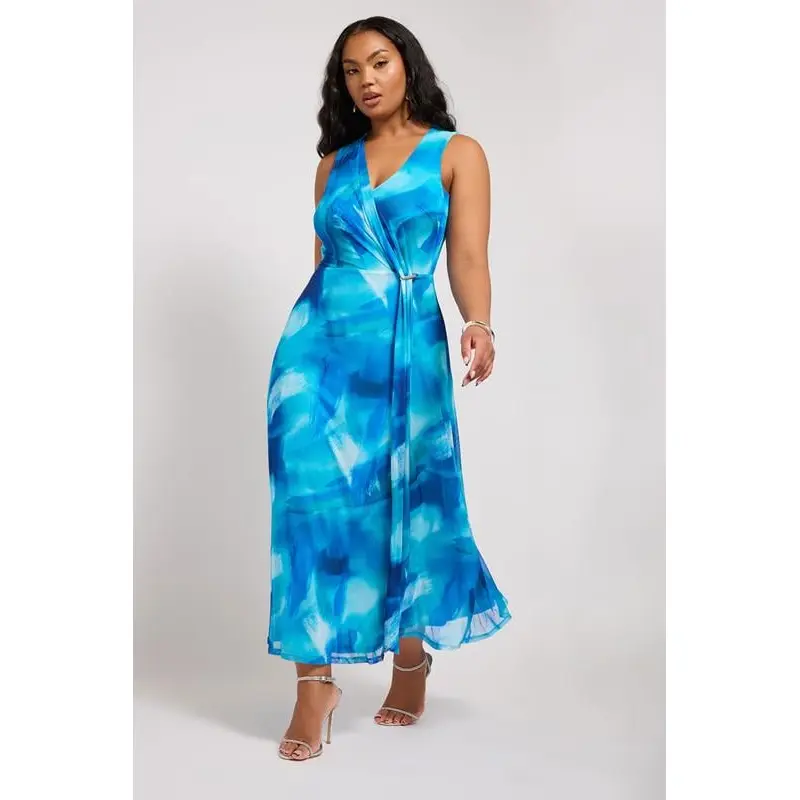 YOURS LONDON Curve Blue Floral Mesh Draped Maxi Dress