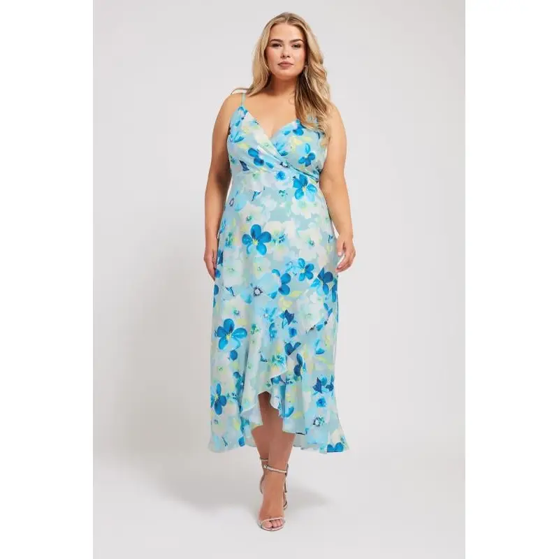 YOURS LONDON Curve Blue Floral Print Ruffle Wrap Dress