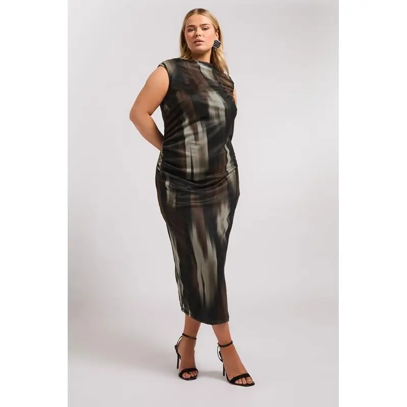 YOURS LONDON Curve Brown Abstract Print Slash Neck Dress