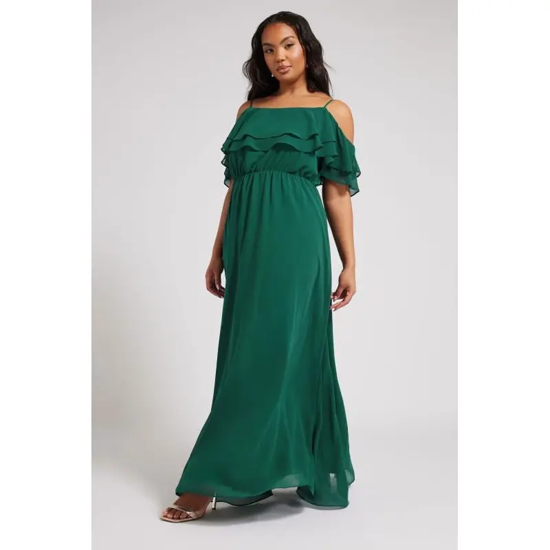 YOURS LONDON Curve Forest Green Frill Cold Shoulder Maxi Dress