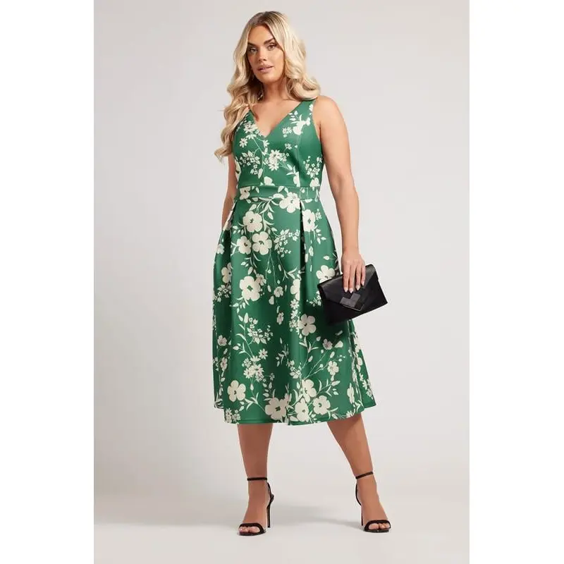 YOURS LONDON Curve Green Floral Print Pleated Midi Dress