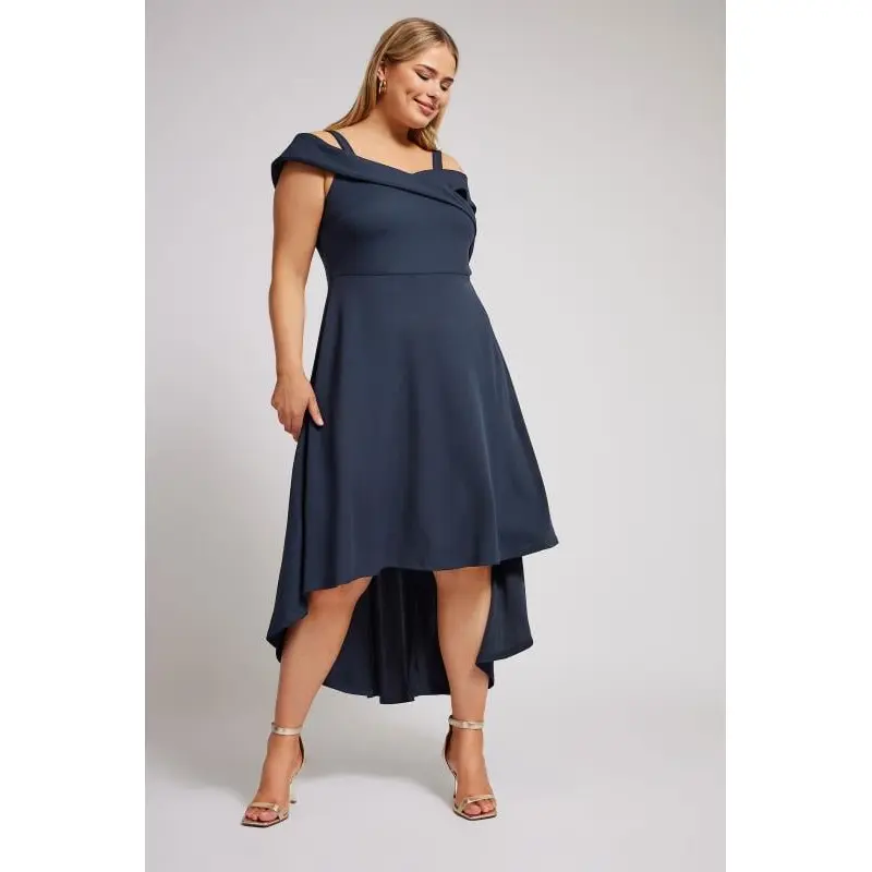 YOURS LONDON Curve Navy Blue Bardot Dipped Hem Dress