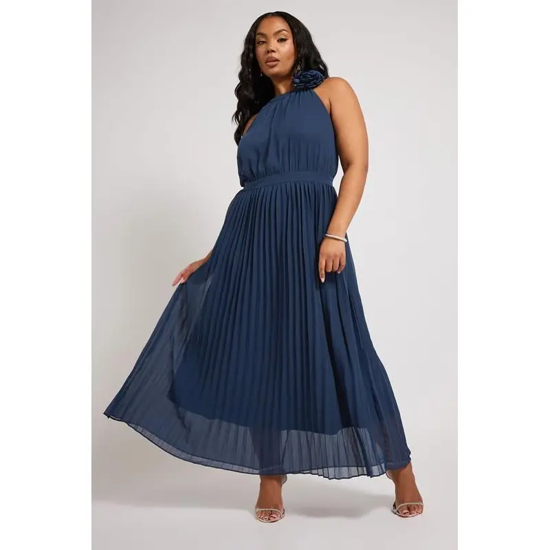YOURS LONDON Curve Navy Blue Corsage Detail Pleated Maxi Dress