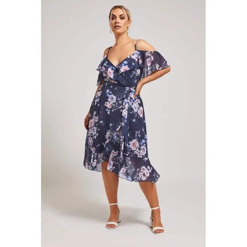 YOURS LONDON Curve Navy Blue Floral Print Ruffle Hem Dress