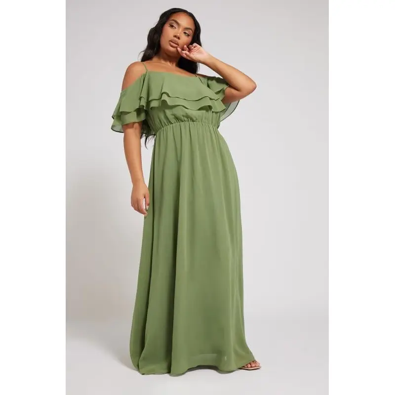 YOURS LONDON Curve Olive Green Frill Cold Shoulder Maxi Dress