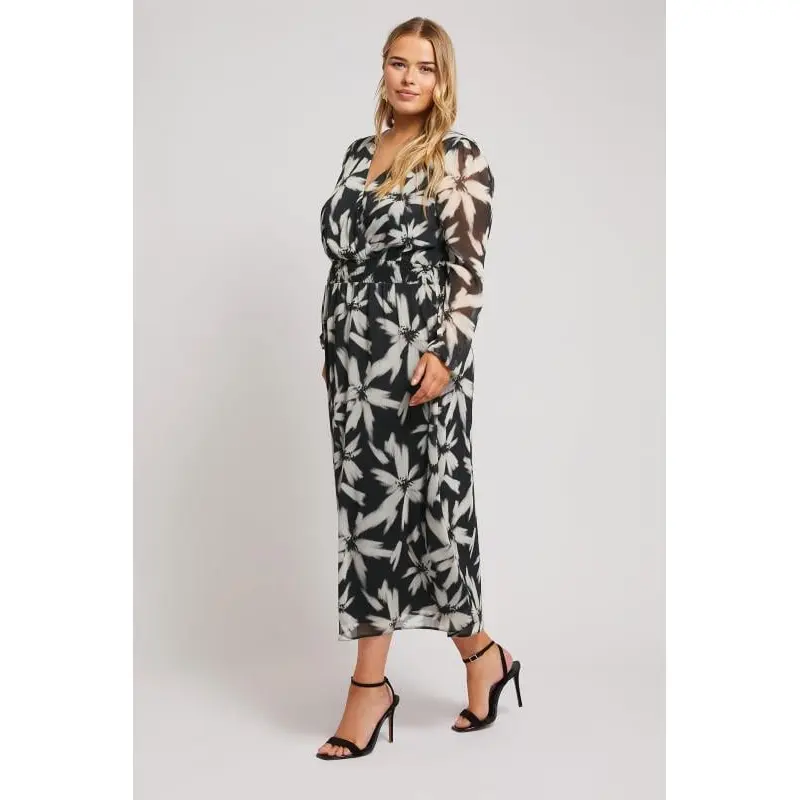 YOURS LONDON Curve Black Blurred Floral Print Maxi Wrap Dress