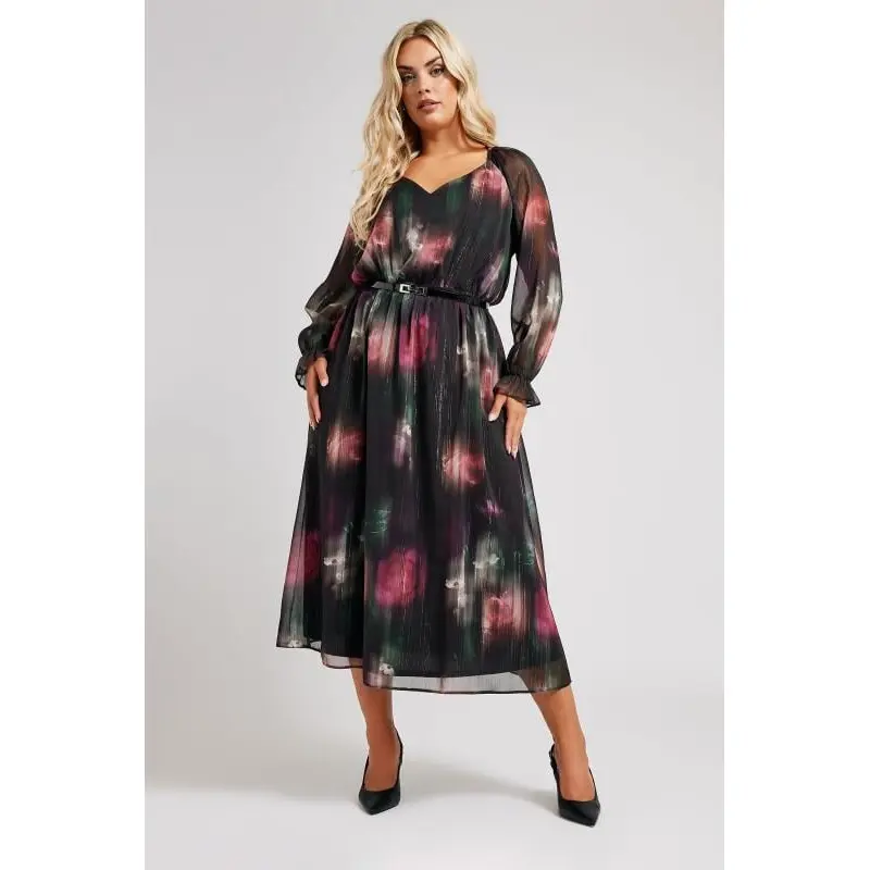 YOURS LONDON Curve Black Floral Print Metallic Midaxi Dress With Belt