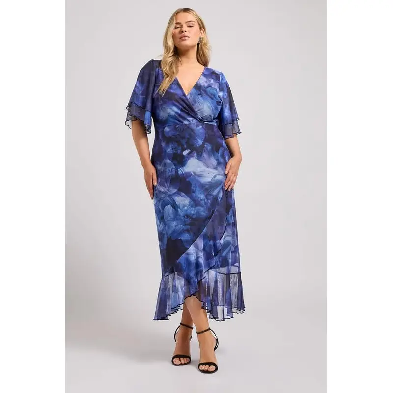 YOURS LONDON Curve Blue Blur Floral Print Wrap Dress