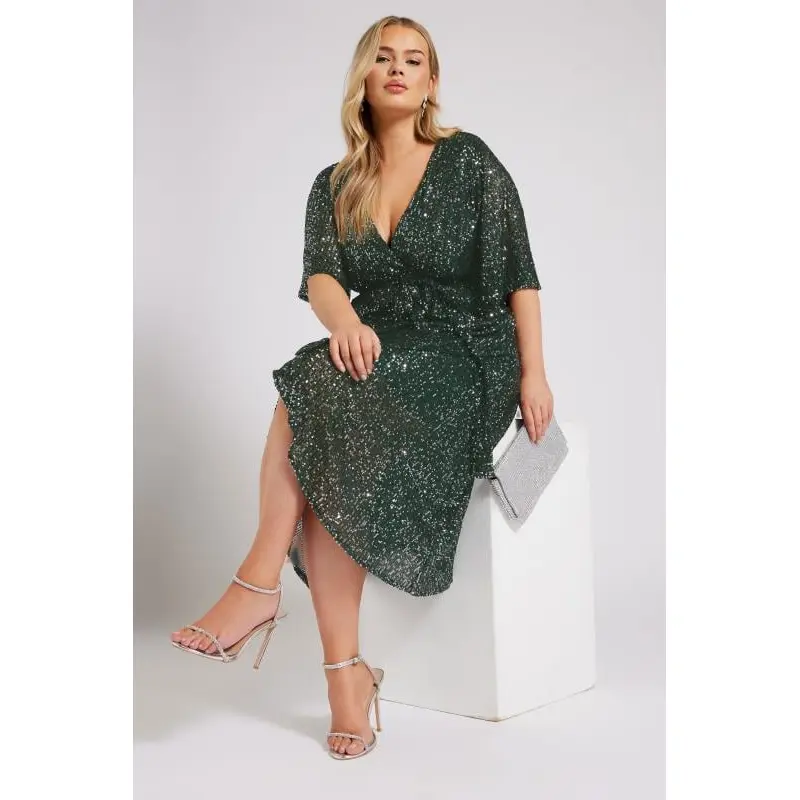 YOURS LONDON Curve Green Sequin Wrap Dress
