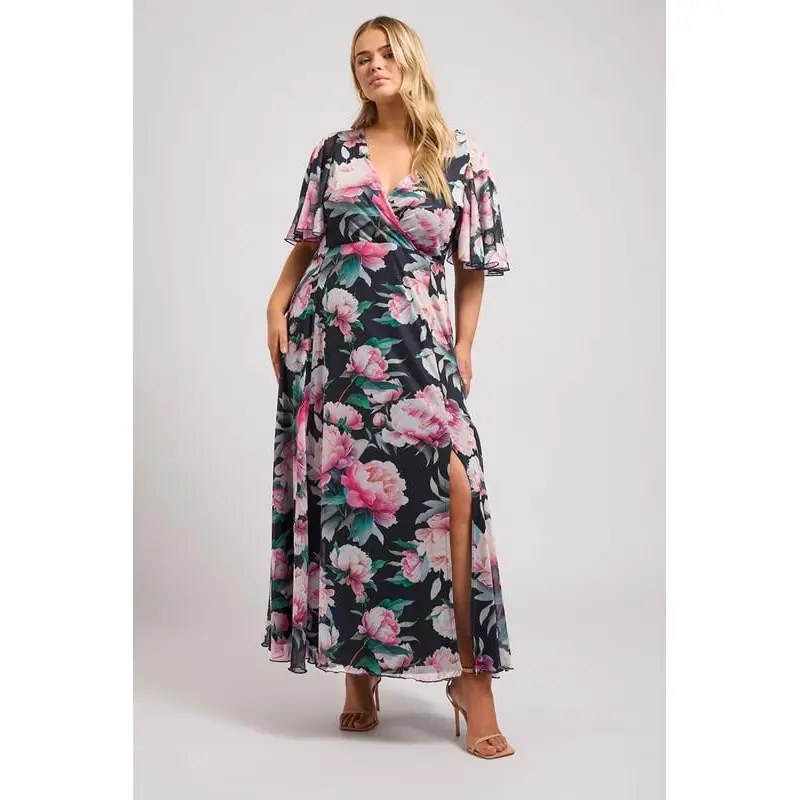 YOURS LONDON Curve Navy Blue Floral Print Wrap Maxi Dress
