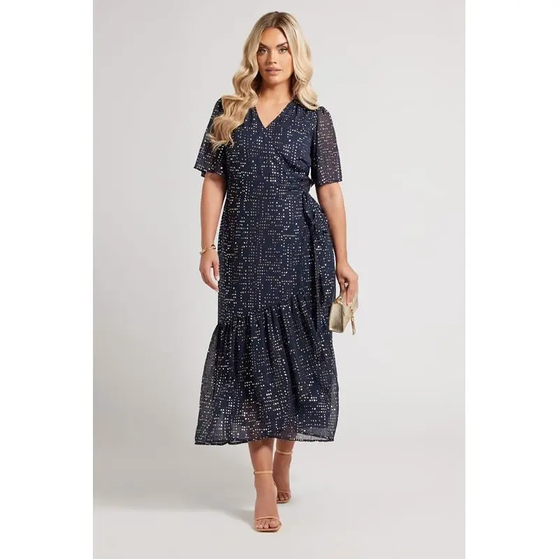 YOURS LONDON Curve Navy Blue Metallic Dot Wrap Dress