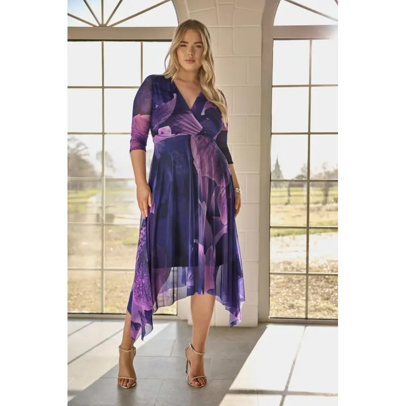 YOURS LONDON Curve Purple Abstract Print Hanky Hem Mesh Dress