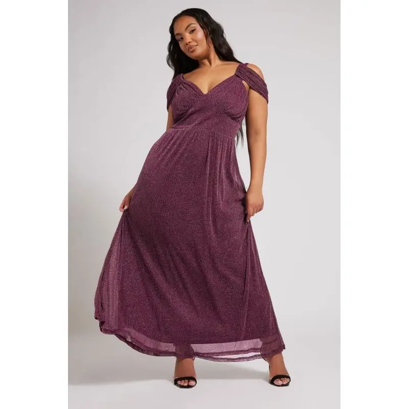 YOURS LONDON Curve Purple Metallic Cold Shoulder Maxi Mesh Dress
