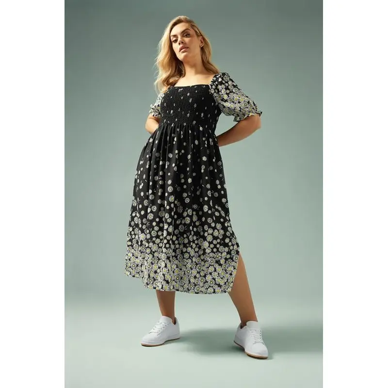 YOURS Curve Black Daisy Print Shirred Midi Dress