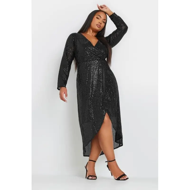 YOURS Curve Black Sequin Embellished Wrap Dress