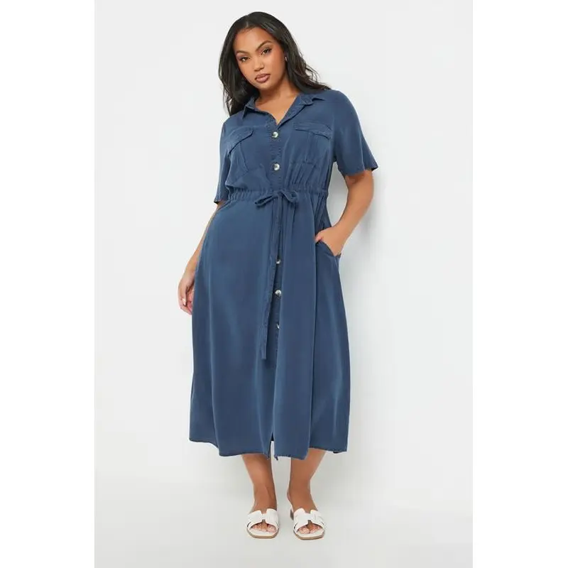 YOURS Curve Blue Tie Waist Chambray Shirt Dress