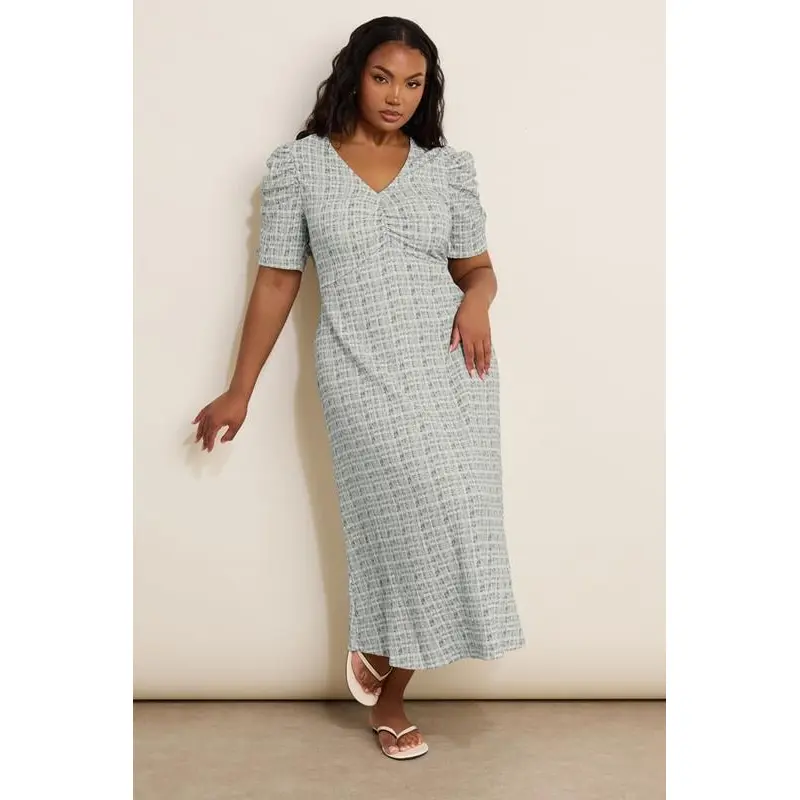 YOURS Curve Grey Check Textured Milkmaid Dress