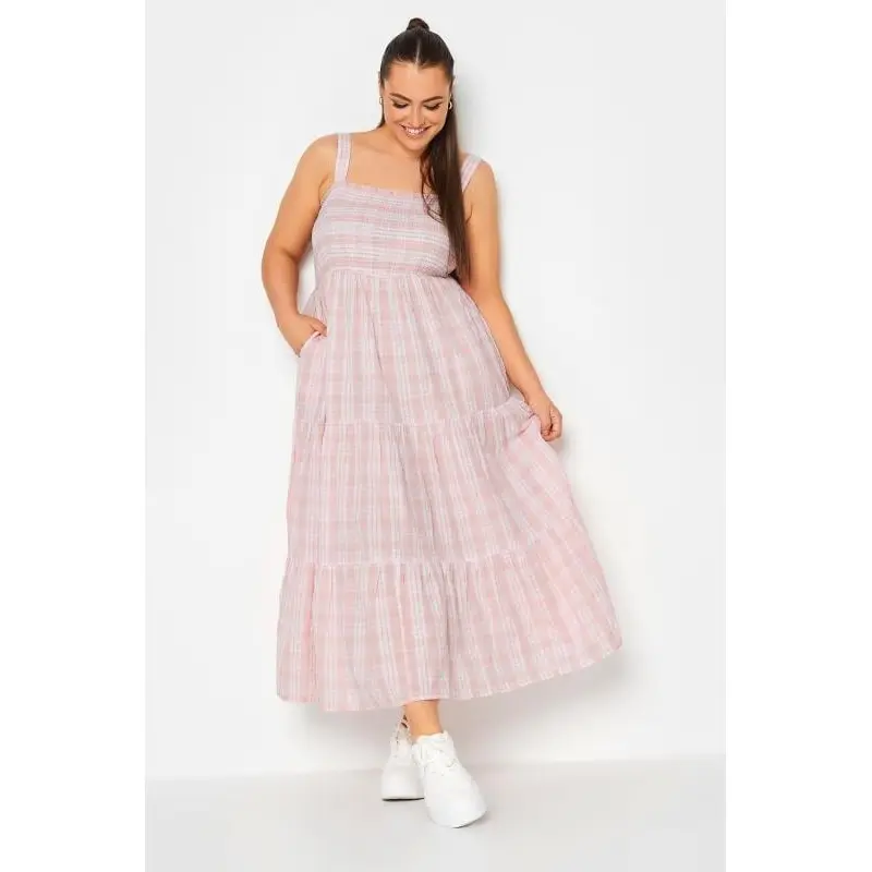 YOURS Curve Pink Check Print Shirred Strappy Sundress