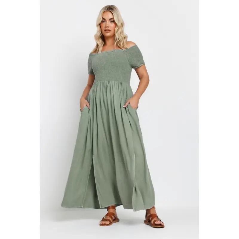 YOURS Curve Sage Green Shirred Bardot Chambray Maxi Dress