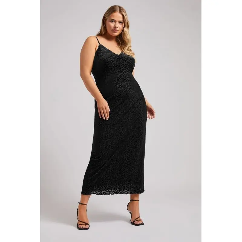 YOURS LONDON Curve Black Animal Velour Midaxi Slip Dress