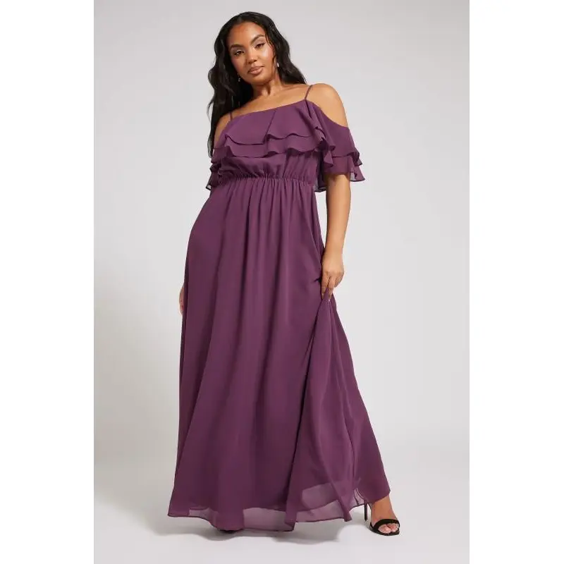 YOURS LONDON Curve Purple Frill Cold Shoulder Maxi Dress