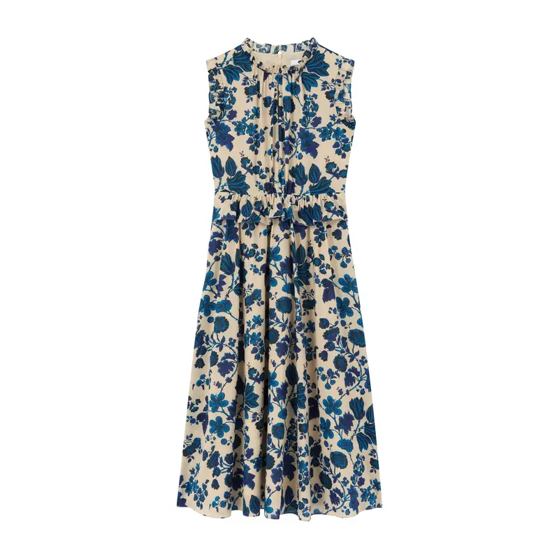 Cream Isolde Birch & Blue Cotton Dress Cotton Voile Dress With Frill Detailing