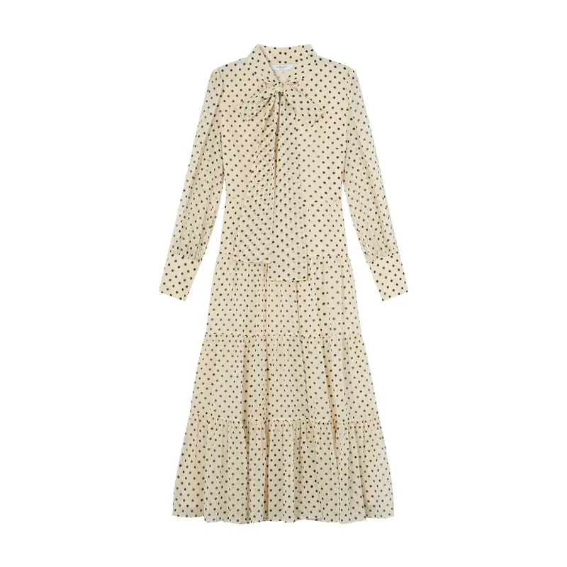 Cream Polly Birch & Black Tie Neck Ls Georgette Dress