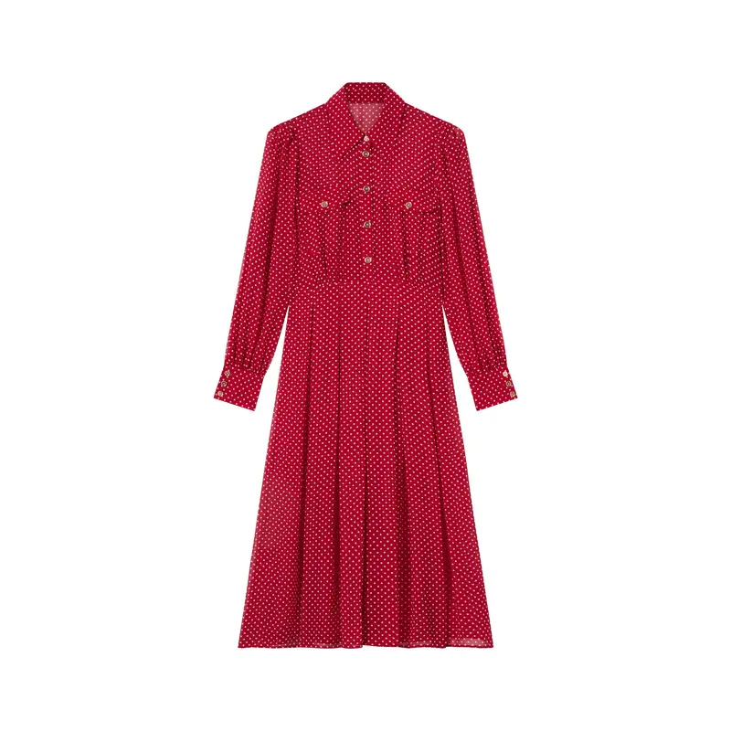 Red Cody Red Polka Dot Print Pocket Shirt Dress
