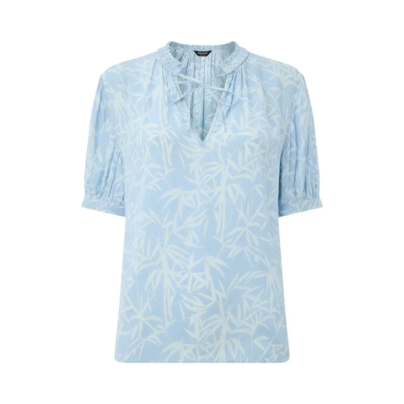 Blue/Multi Bamboo Leaves Tie Neck Blouse