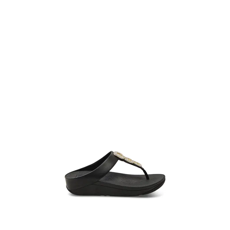 Fino Crystal-Chain Leather Toe-Post Sandals Black