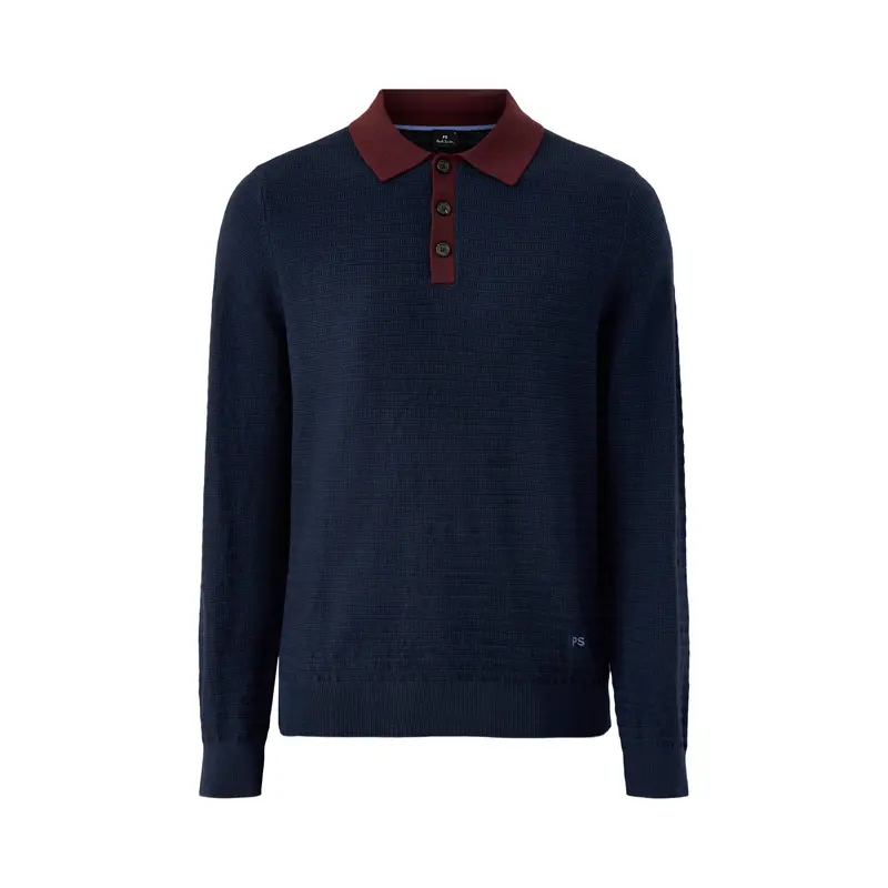 Long Sleeves Cotton Textured Polo Navy